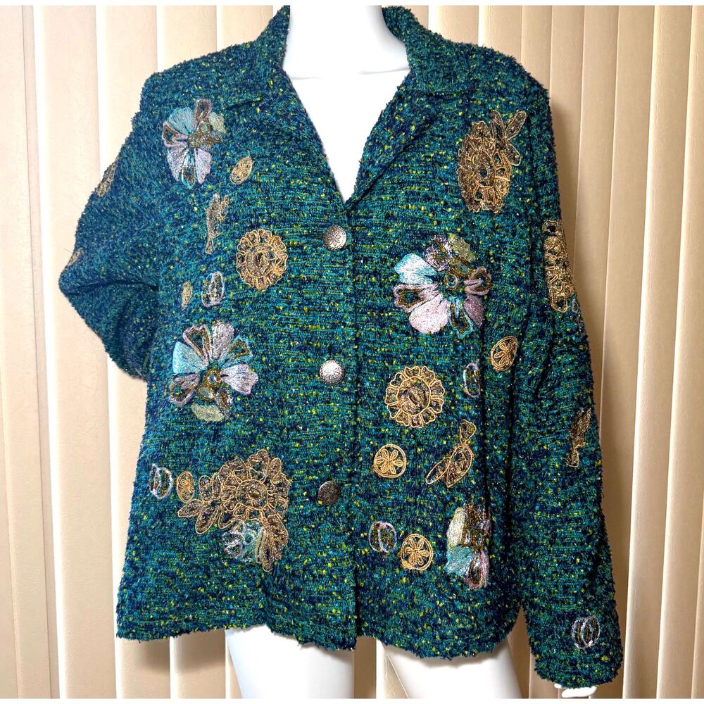 Indigo Moon 1X Embroidered Jacket Teal Floral Applique Wearable Art Boho Maximal